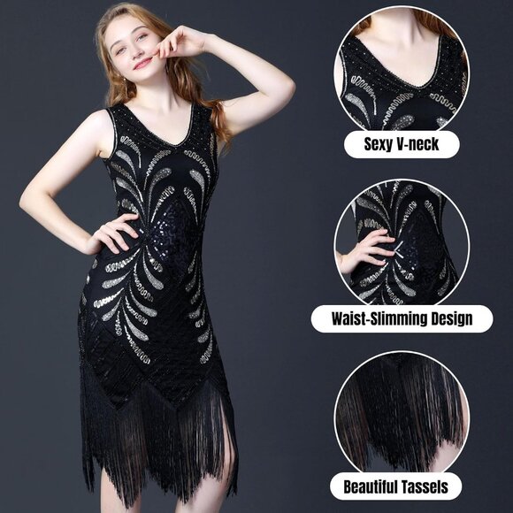 1920s V Neck Sequin Beaded Fringed Dress with 20s Accessories Set - Picture 3 of 6